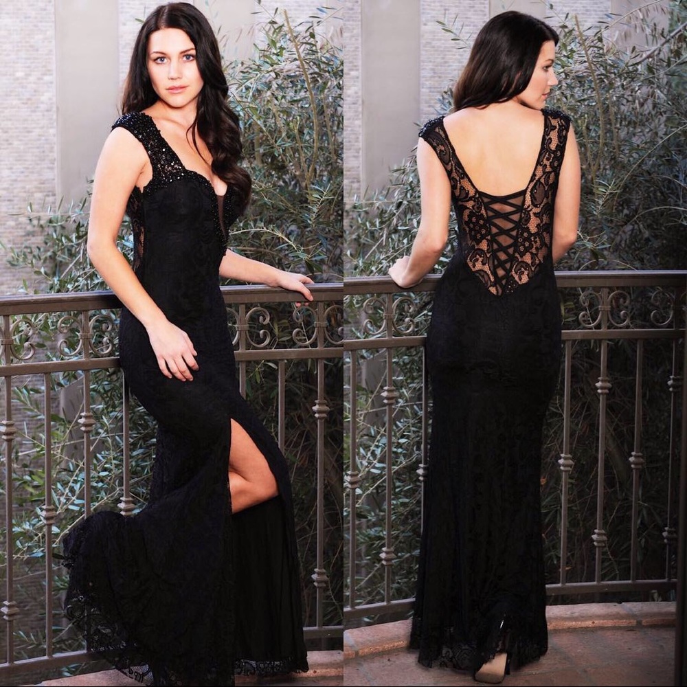 Lace gown with beaded shoulders